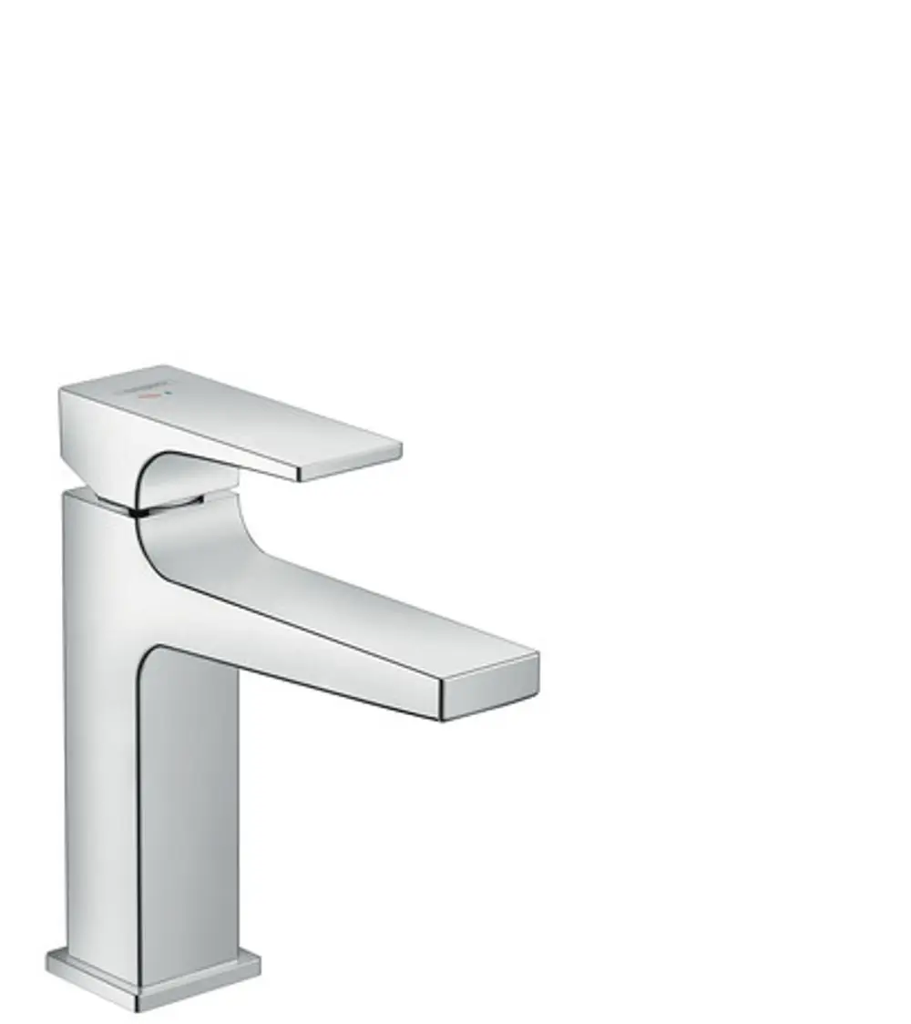 Chromfarbener Einhebel-Waschtischmischer von Hansgrohe mit einem Hebelgriff und einer Push-Open Ablaufgarnitur. Klar gestaltetes, modernes Design.